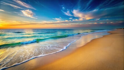 Obraz premium Serene Sunset Seascape Golden Sands Meet Azure Waves Under a Vivid Sky