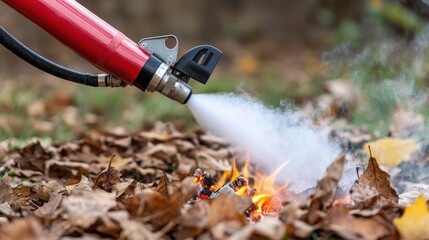 Naklejka premium Red extinguisher sprays white retardant on small fire amid dry leaves, suppressing flames in autumn forest setting.