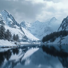 Scenic landscape of snow-capped mountains and lake surrounded by hills, ideal for travel and nature photography