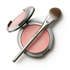 Blush compact with a soft powder texture and an elegant brush, placed on a bright white background