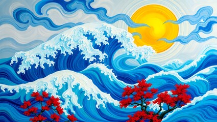 Ocean Waves and Crimson Trees: A Vibrant Japanese-Style Painting