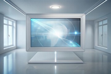 Fototapeta premium Futuristic Display Screen in a Modern Minimalist Room, Showing Abstract Data Visualization and Network Connections