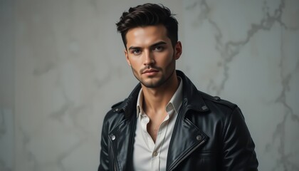 Fototapeta premium Portrait of a Handsome Man in Leather Jacket