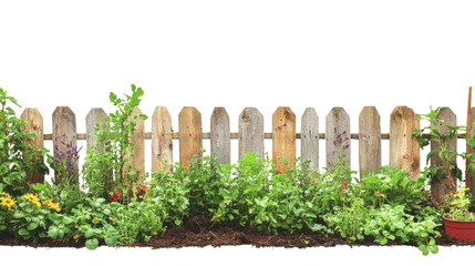 Obraz premium Lush green plants growing along rustic wooden fence with transparent background