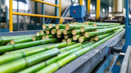 Obraz premium Freshly cut green bamboo stalks on a conveyor belt, ready for processing in a factory.
