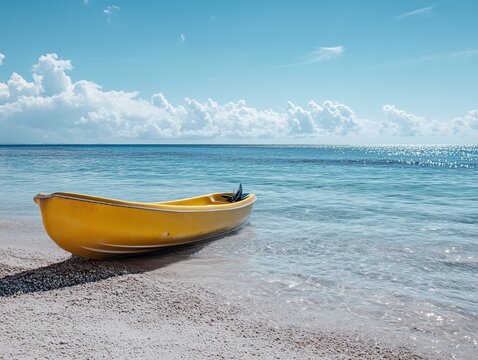 Yellow kayak resting on sandy beach.