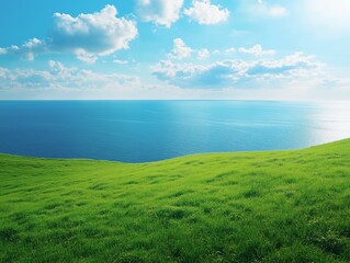 Vibrant green hill overlooking the ocean horizon.