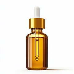 Fototapeta premium Bottle of luxurious hair oil with a dropper dripping golden liquid, isolated on a clean white background