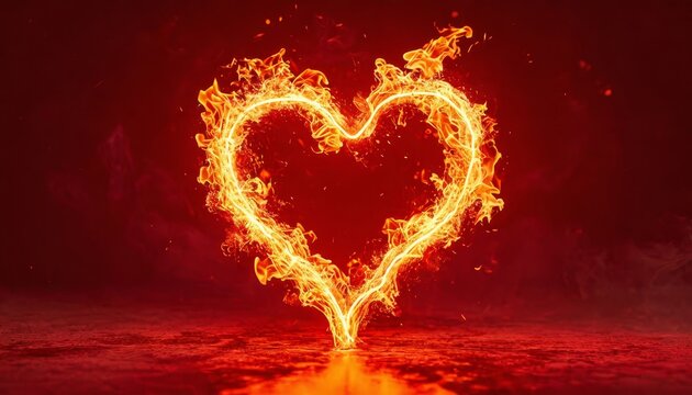 Flaming heart glowing intensely on deep crimson backdrop, symbolizing ardent, eternal romantic connection, perfect for love themed design