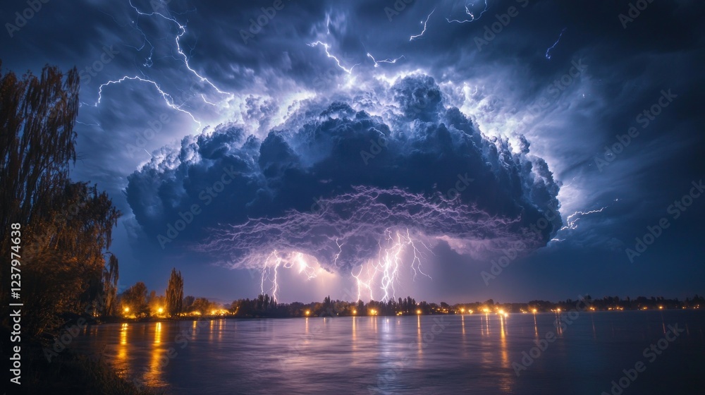 Poster dark storm clouds erupt with fierce lightning above a calm lake, casting a dramatic glow on nearby t