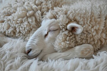 Naklejka premium Close up of a lamb sleeping peacefully on soft wool, evoking feelings of innocence, comfort, and tranquility