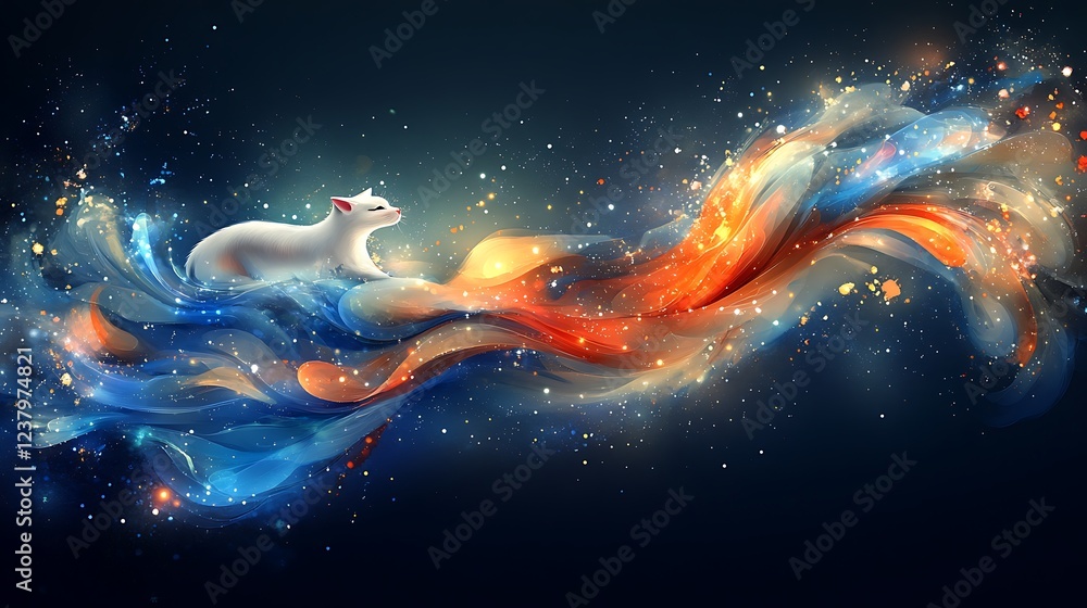 Poster dynamic abstract composition featuring cat in colorful waves