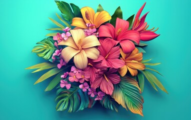 bouquet of exotic tropical flowers in vibrant colors, placed on a turquoise gradient background. Valentines Day and 8 March theme