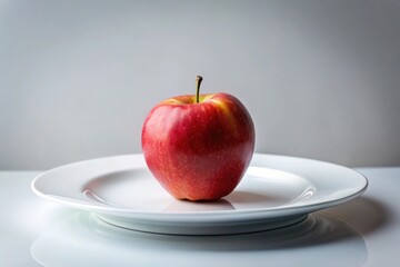 A single, ripe red apple rests serenely on a pristine white plate, a minimalist still life study of simple elegance and natural beauty.