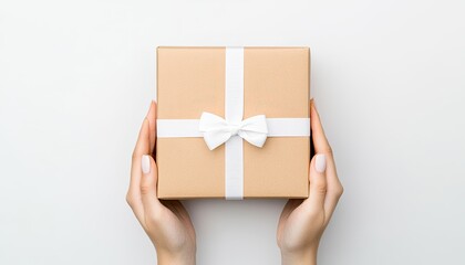 Person holding a beautifully wrapped gift box with a white ribbon against a minimalist background