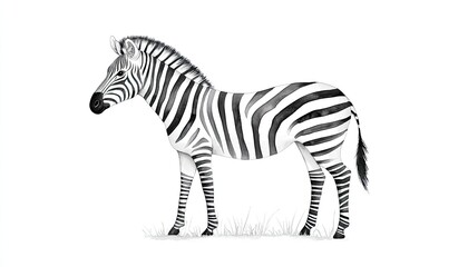 A detailed illustration of a zebra standing in a grassy field with a clean white background