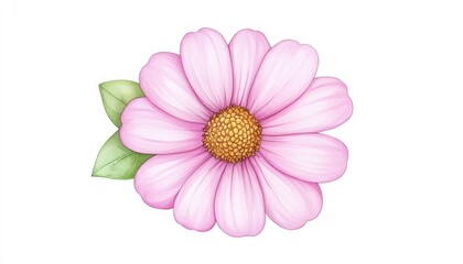 A vibrant pink flower with green leaves against a clean white background, ideal for design use