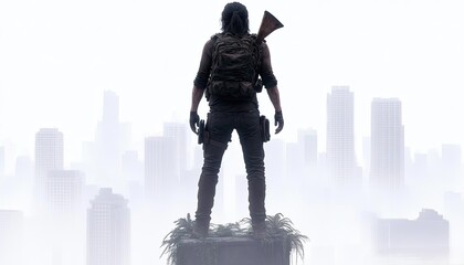 A solitary figure stands on a ledge overlooking a foggy urban landscape, evoking a sense of isolation