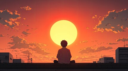 A serene sunset view over a cityscape with a person meditating in silhouette, reflecting tranquility