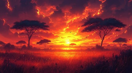 Vibrant sunset over a savannah landscape with silhouetted trees and colorful clouds