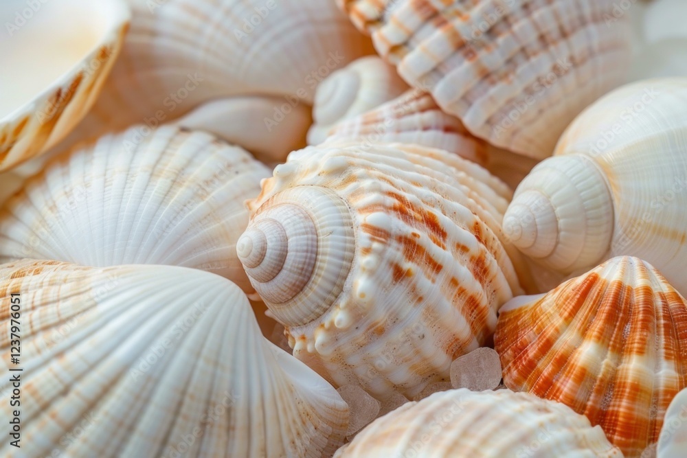 Poster close up view of various seashells, showcasing their intricate patterns and textures, creating a bea