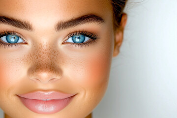 Fototapeta premium A woman with blue eyes and a pinkish tint to her lips. She has a light brown nose and a light brown eyebrow
