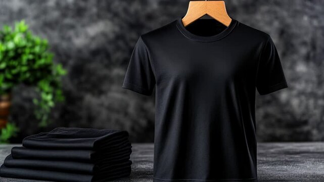 Black t-shirt on a hanger beside a neatly folded stack of shirts  video motion 4k, set against a blurred background, Ideal for apparel promotion, retail