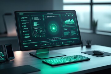 Futuristic Computer Monitor Displaying Data Analytics in Office Environment