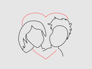 A minimalist line drawing depicts the silhouettes of a couple within a red heart outline against a light gray background
