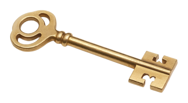 A golden key unlocking a metallic puzzle piece, isolated on a white background
