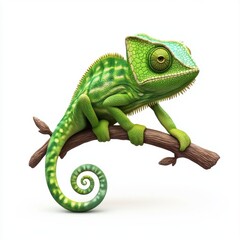 Obraz premium Bright green chameleon sitting on a branch with its curled tail, isolated on a clean white background
