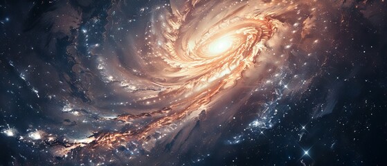 Fototapeta premium Breathtaking cosmic panorama featuring a luminous spiral galaxy, twinkling stars, and colorful nebula in the vast depths of outer space.
