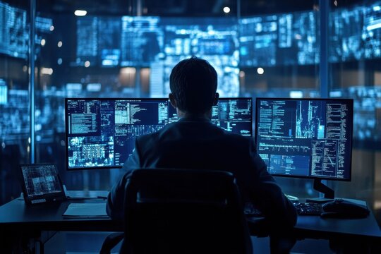 Data analysis event cybersecurity control room high-tech environment monitor view digital surveillance impact - Powered by Adobe