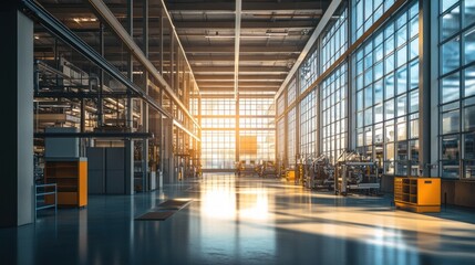 Fototapeta premium Bright industrial space with large windows and machinery, showcasing a productive environment.