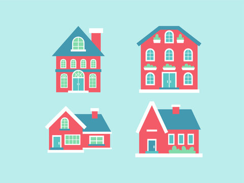 Collection of four charming, colorful, modern houses, showcasing diverse architectural styles against a serene blue background