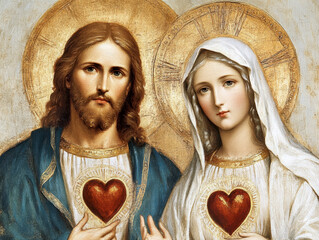 Jesus and Mary with sacred hearts on their chests. AI generative.