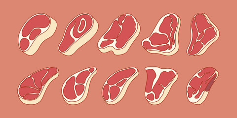 Naklejka premium Collection of Raw Meat Cuts, Featuring Various Steaks Like T-Bone, Sirloin, and Ribeye, Presented on a Pink Background