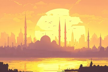 Majestic Sunset Over City Silhouette with Mosque and Minarets