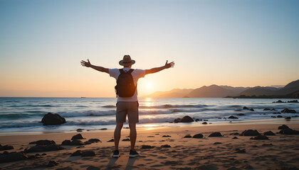 Fototapeta premium Sunset Serenity Traveler with Outstretched Arms on Beach for Travel Inspiration FREE Download HD Image