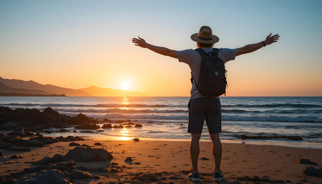 Embracing Nature Person at Sunset on Sandy Beach with Evening Background for Relaxation and Peace FREE Download HD Image