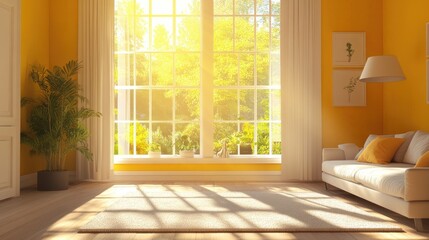Fototapeta premium Bright, cozy living room with sunlight streaming through large windows and a view of greenery.