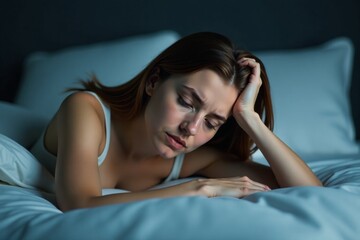 A woman lying awake in bed at night, overwhelmed by countless thoughts, depicting insomnia, stress, and mental restlessness.