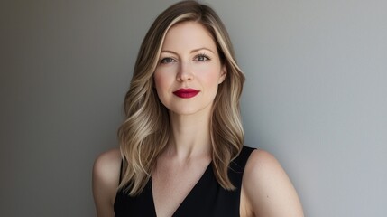 Fototapeta premium With an air of sophistication, a radiant woman with sleek ash blonde hair stands confidently against a neutral wall, highlighting her natural beauty and striking red lips