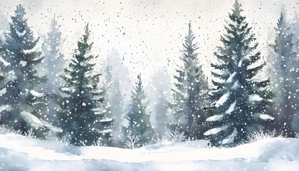 A watercolor painting of a snowy winter forest scene