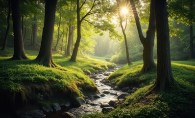 Serene forest stream at sunrise
