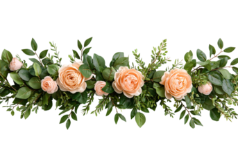 Flower,garland,isolated clipart. Floral arrangement featuring peach roses and lush greenery on a black background.