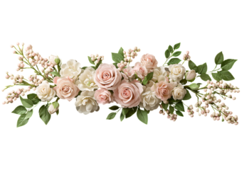 Flower,garland,isolated clipart. Floral arrangement featuring soft pink roses and delicate greenery on a black background.