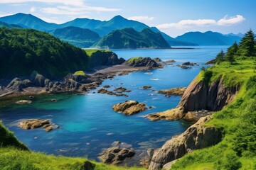 Shiretoko national park rocky coastline meeting turquoise water under blue sky on a sunny day