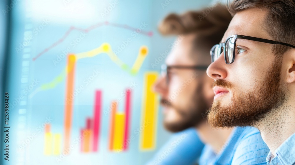 Poster digital marketing team analyzing colorful data charts in modern workspace