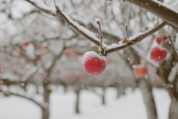 Red Apple Hanging on Branch in Snowy Winter Orchard Scene